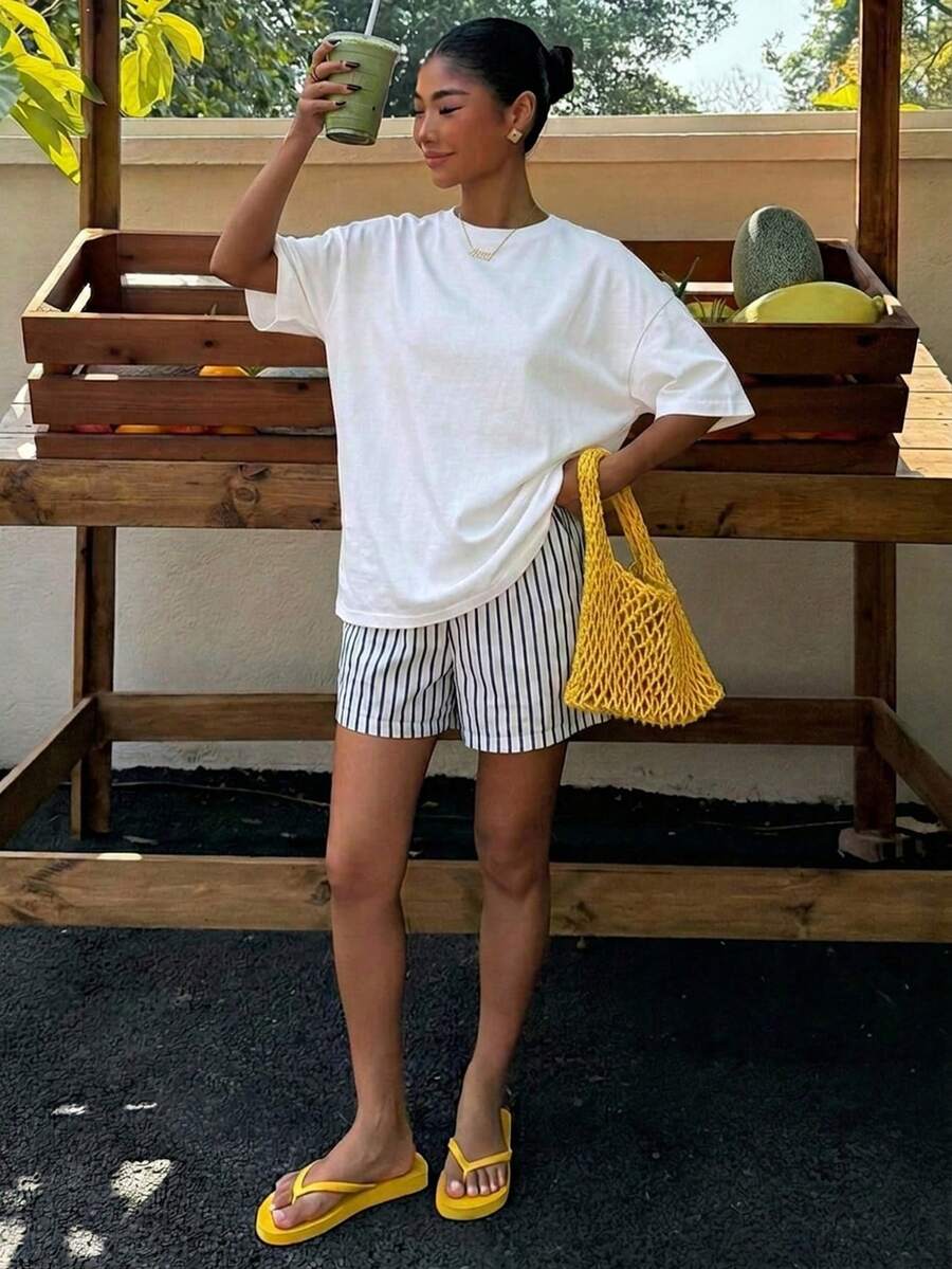 Muchica Women's Navy Blue And White Summer Casual Streetwear Vacation Oversized T-Shirt, Margarita Cocktail Graphic Round Neck Short Sleeve Loose Fit Tee