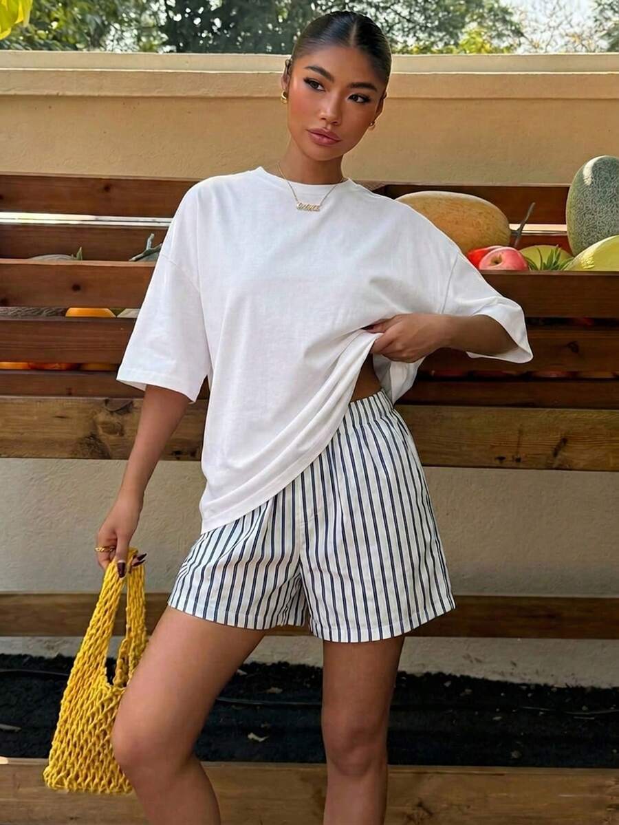 Muchica Women's Navy Blue And White Summer Casual Streetwear Vacation Oversized T-Shirt, Margarita Cocktail Graphic Round Neck Short Sleeve Loose Fit Tee