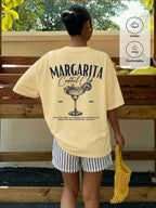Muchica Women's Navy Blue And White Summer Casual Streetwear Vacation Oversized T-Shirt, Margarita Cocktail Graphic Round Neck Short Sleeve Loose Fit Tee