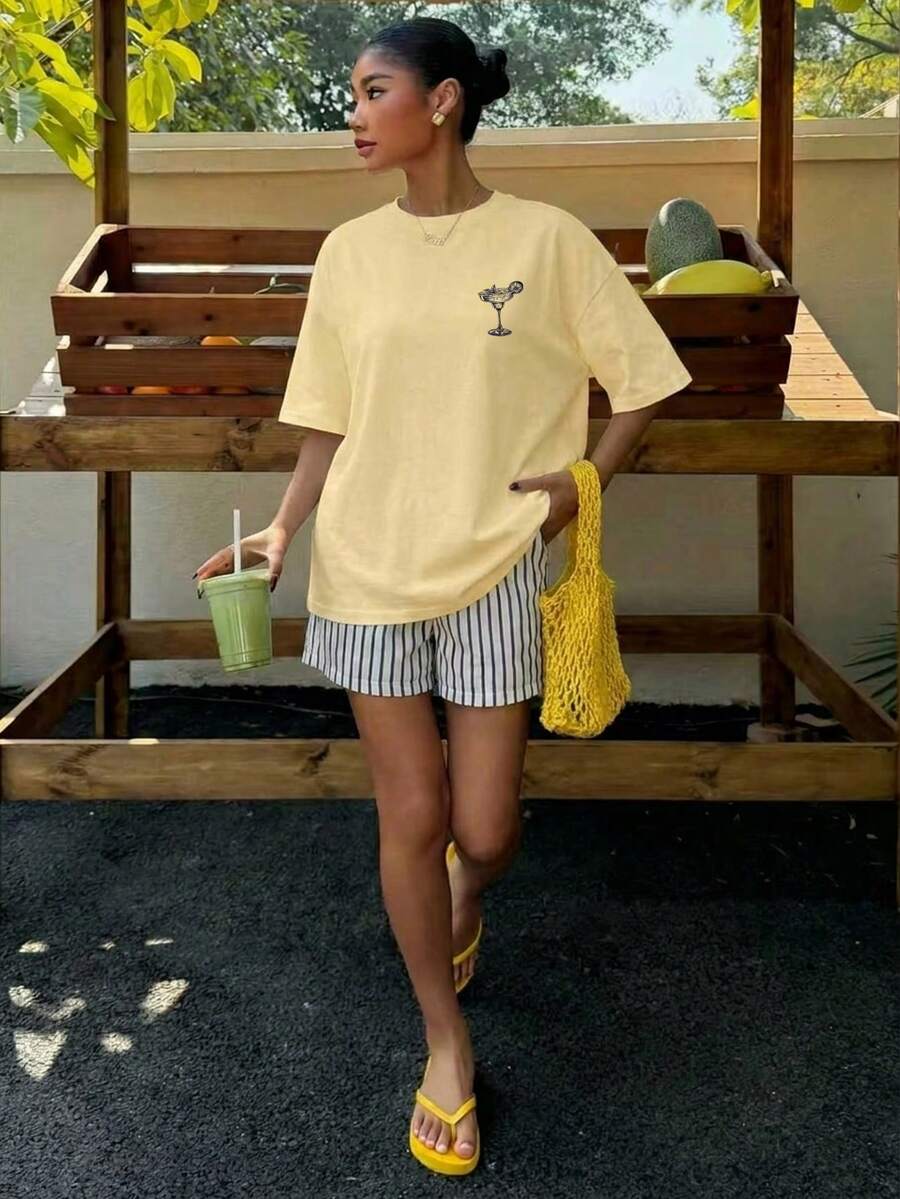 Muchica Women's Navy Blue And White Summer Casual Streetwear Vacation Oversized T-Shirt, Margarita Cocktail Graphic Round Neck Short Sleeve Loose Fit Tee