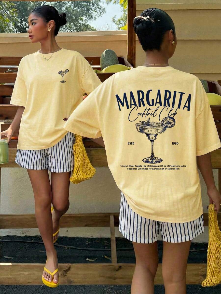 Muchica Women's Navy Blue And White Summer Casual Streetwear Vacation Oversized T-Shirt, Margarita Cocktail Graphic Round Neck Short Sleeve Loose Fit Tee
