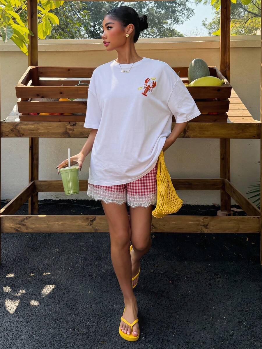 Muchica Women's Navy Blue And White Summer Casual Streetwear Vacation Oversized T-Shirt, Margarita Cocktail Graphic Round Neck Short Sleeve Loose Fit Tee