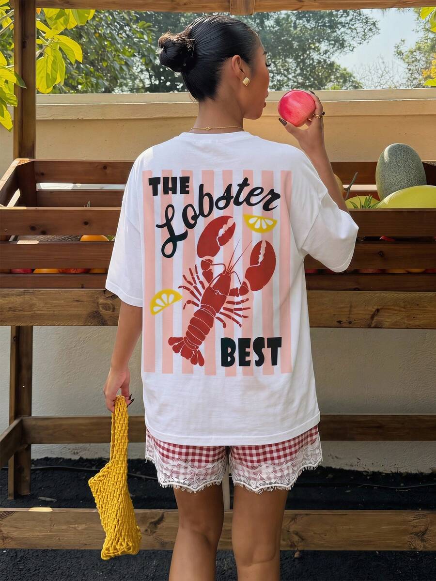 Muchica Women's Navy Blue And White Summer Casual Streetwear Vacation Oversized T-Shirt, Margarita Cocktail Graphic Round Neck Short Sleeve Loose Fit Tee