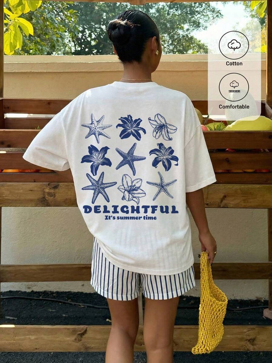Muchica Women's Navy Blue And White Summer Casual Streetwear Vacation Oversized T-Shirt, Margarita Cocktail Graphic Round Neck Short Sleeve Loose Fit Tee