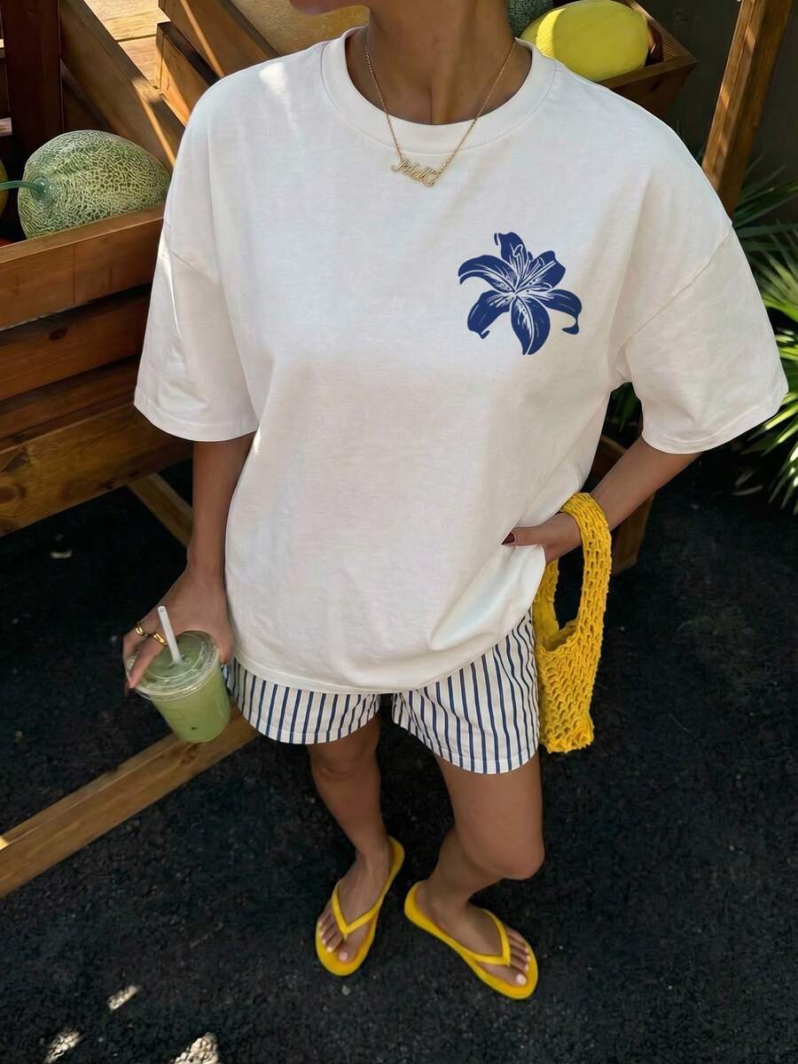 Muchica Women's Navy Blue And White Summer Casual Streetwear Vacation Oversized T-Shirt, Margarita Cocktail Graphic Round Neck Short Sleeve Loose Fit Tee