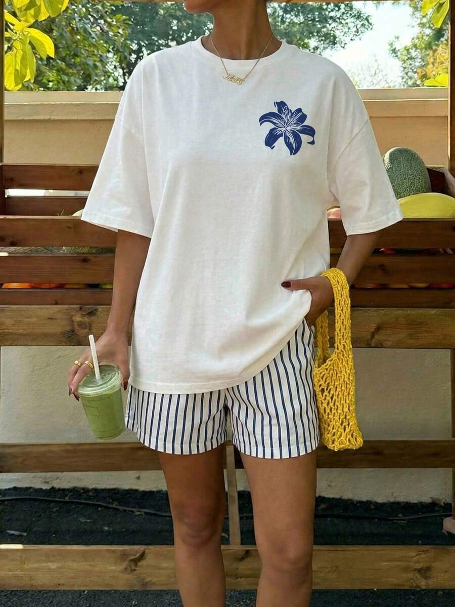 Muchica Women's Navy Blue And White Summer Casual Streetwear Vacation Oversized T-Shirt, Margarita Cocktail Graphic Round Neck Short Sleeve Loose Fit Tee