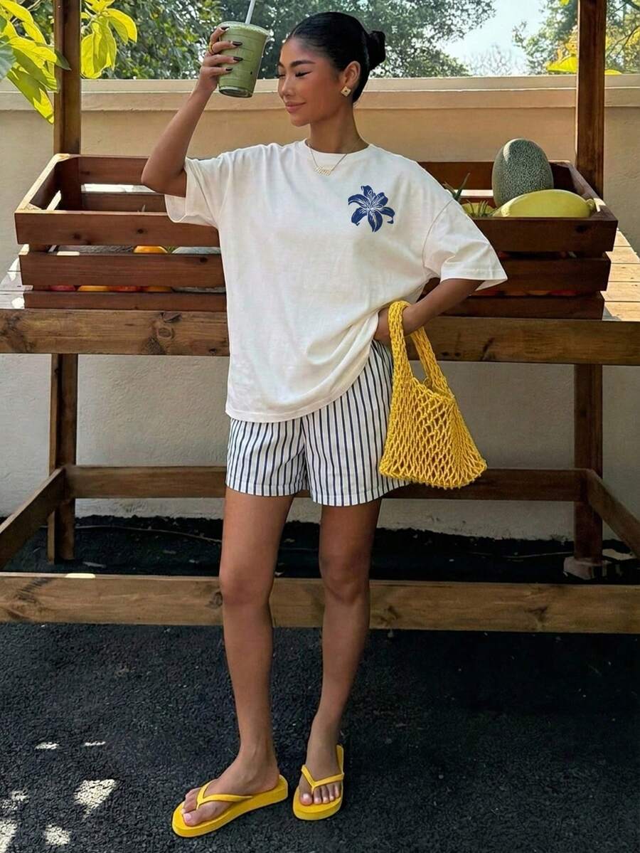 Muchica Women's Navy Blue And White Summer Casual Streetwear Vacation Oversized T-Shirt, Margarita Cocktail Graphic Round Neck Short Sleeve Loose Fit Tee