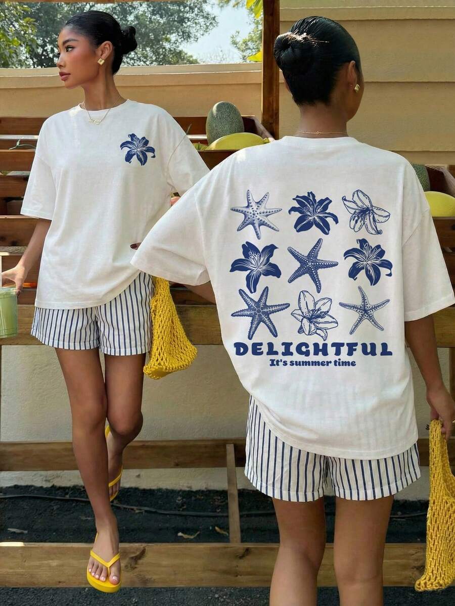 Muchica Women's Navy Blue And White Summer Casual Streetwear Vacation Oversized T-Shirt, Margarita Cocktail Graphic Round Neck Short Sleeve Loose Fit Tee