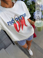 Muchica Women's Navy Blue And White Summer Casual Streetwear Vacation Oversized T-Shirt, Margarita Cocktail Graphic Round Neck Short Sleeve Loose Fit Tee