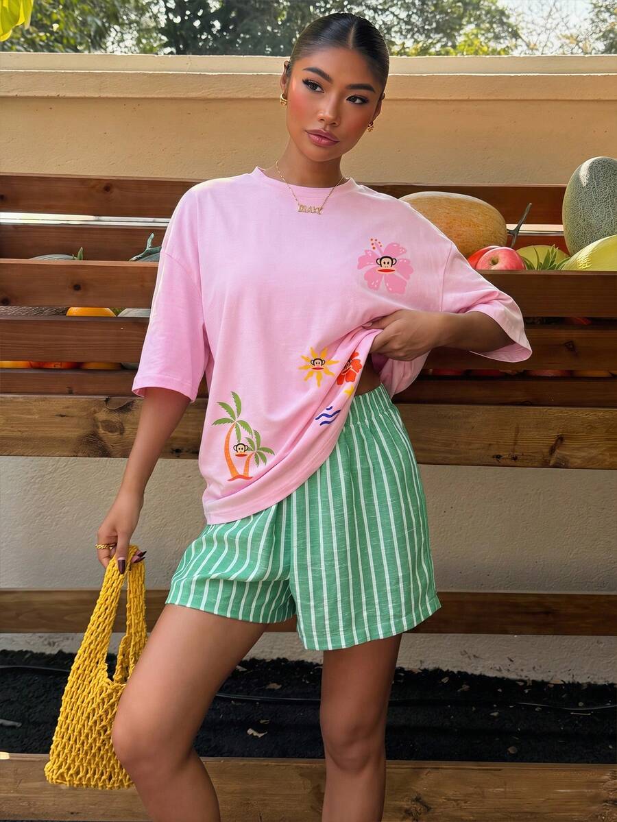 Muchica Women's Navy Blue And White Summer Casual Streetwear Vacation Oversized T-Shirt, Margarita Cocktail Graphic Round Neck Short Sleeve Loose Fit Tee