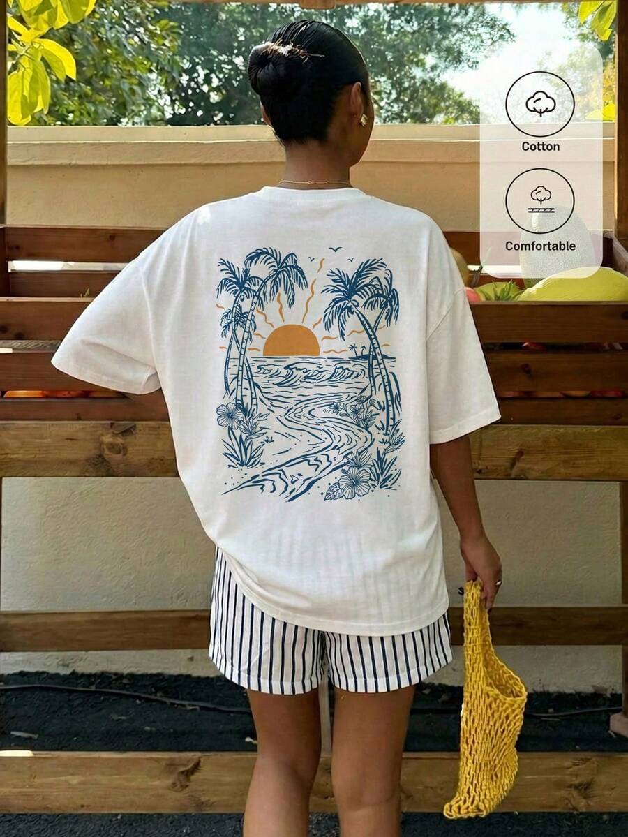 Muchica Women's Navy Blue And White Summer Casual Streetwear Vacation Oversized T-Shirt, Margarita Cocktail Graphic Round Neck Short Sleeve Loose Fit Tee