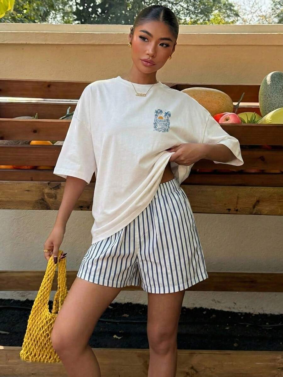 Muchica Women's Navy Blue And White Summer Casual Streetwear Vacation Oversized T-Shirt, Margarita Cocktail Graphic Round Neck Short Sleeve Loose Fit Tee