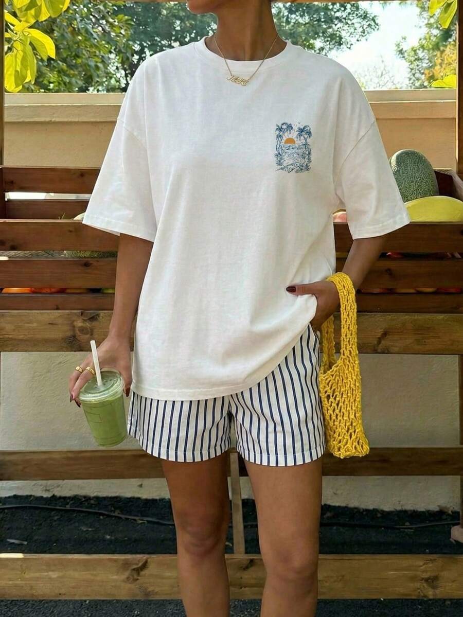 Muchica Women's Navy Blue And White Summer Casual Streetwear Vacation Oversized T-Shirt, Margarita Cocktail Graphic Round Neck Short Sleeve Loose Fit Tee