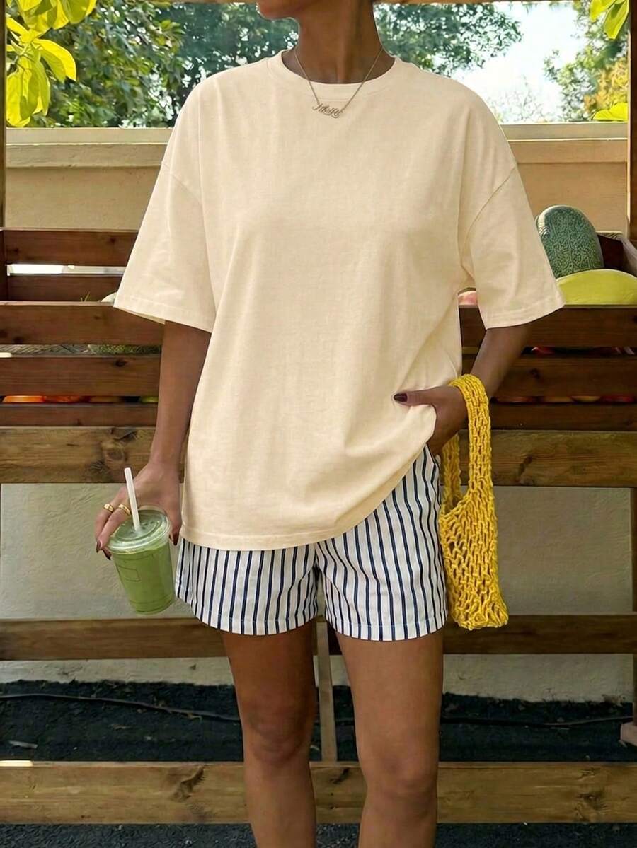 Muchica Women's Navy Blue And White Summer Casual Streetwear Vacation Oversized T-Shirt, Margarita Cocktail Graphic Round Neck Short Sleeve Loose Fit Tee