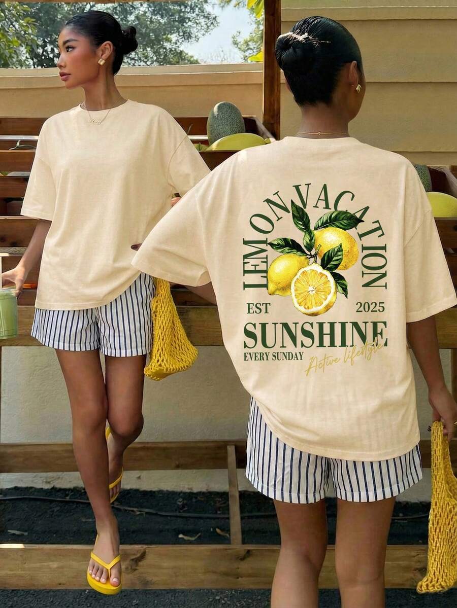 Muchica Women's Navy Blue And White Summer Casual Streetwear Vacation Oversized T-Shirt, Margarita Cocktail Graphic Round Neck Short Sleeve Loose Fit Tee