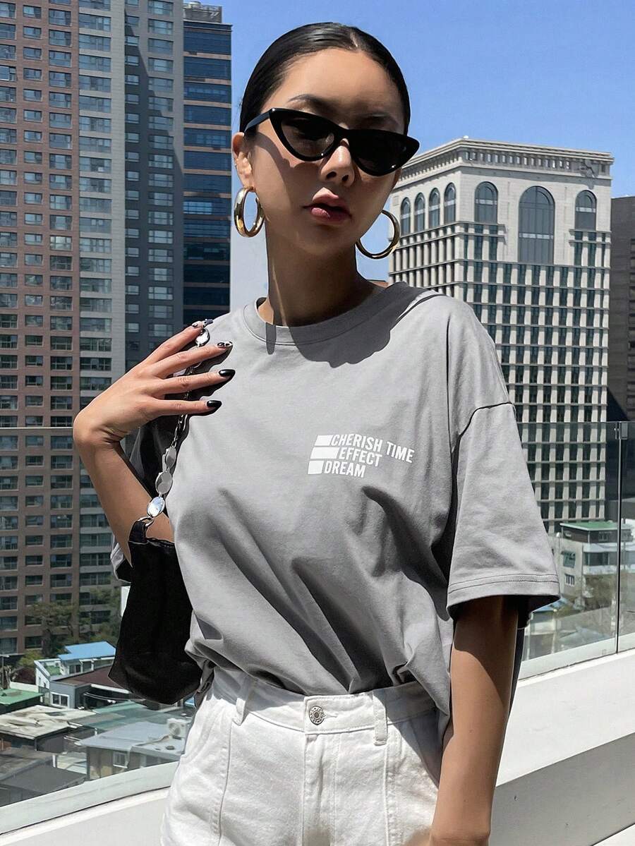 DAZY Letter Graphic Drop Shoulder Tee Oversized T-Shirt