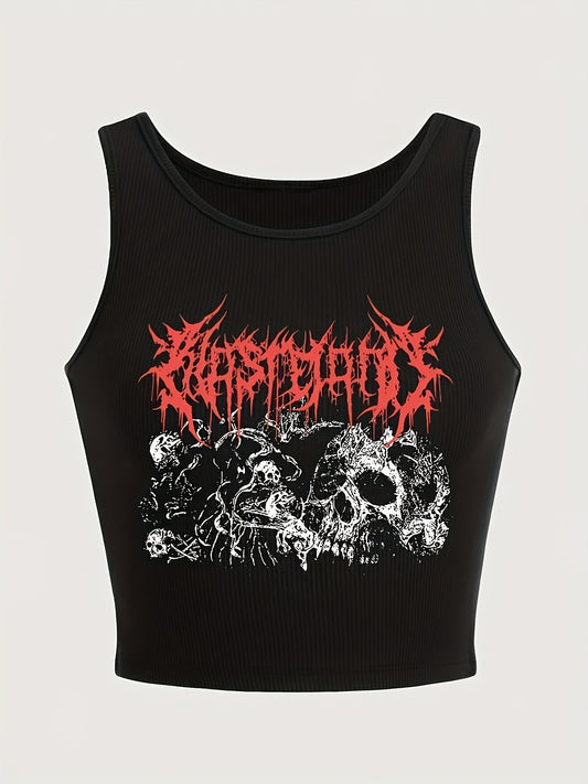 Skull Print Crop Tank Top, Y2K Sleeveless Tank Top For Summer, Women's Clothing For Grunge Style
