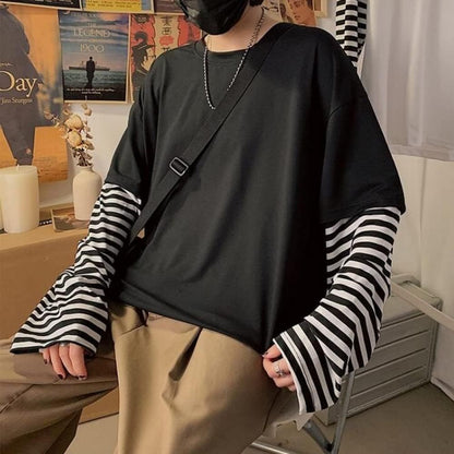 Oversized Striped T-Shirt Long Sleeve Crew Neck Casual Matching Couple Streetwear Pullover