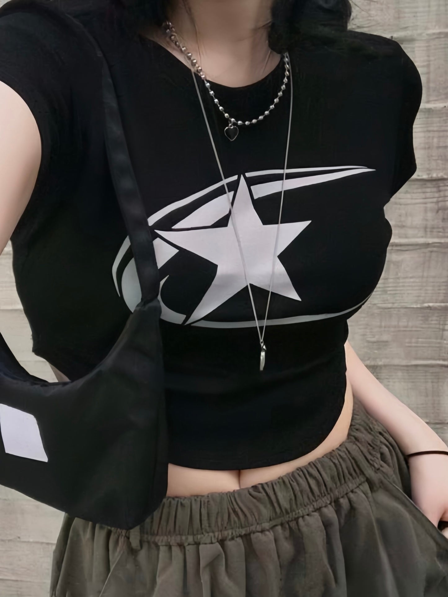 Star Print Crew Neck T-shirt, Casual Short Sleeve Slim Crop Top For Spring & Summer, Women's Clothing
