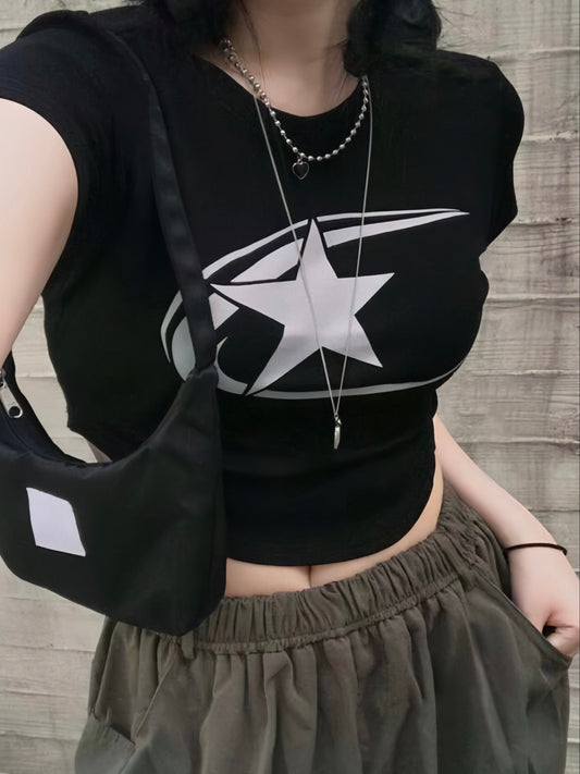 Star Print Crew Neck T-shirt, Casual Short Sleeve Slim Crop Top For Spring & Summer, Women's Clothing