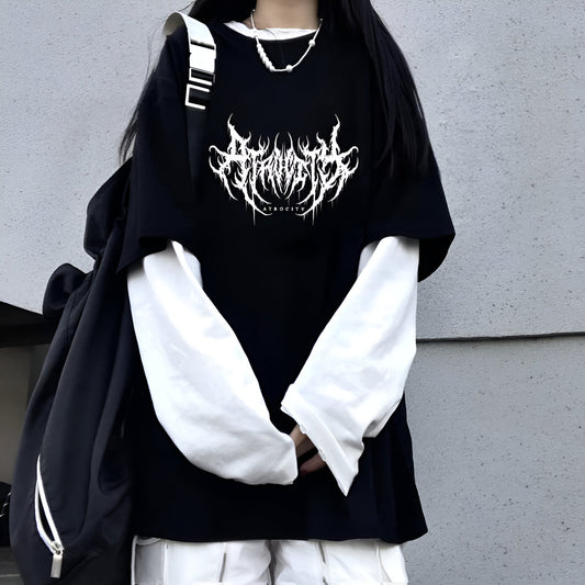 Goth Shirt Gothic Shirt Fake Two-Piece Alternative Clothing Goth Long Sleeve Top Grunge Clothes
